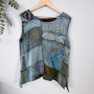 Vtg Artsy Fairy Grunge Patchwork Tank Top Beachy Whimsigoth Blue Green Textured